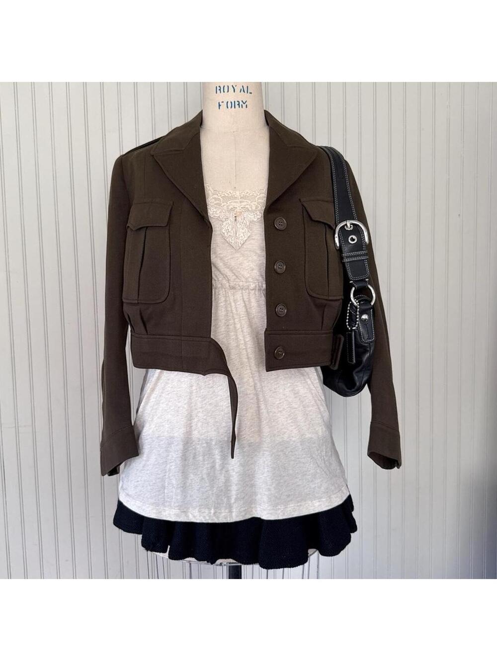 Vintage Green Cropped Military Jacket Ike Style Belted Waist